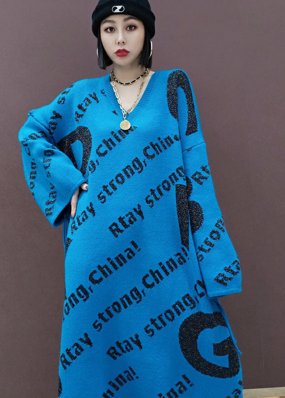 ブルー プリント ゆったり ニット セーター ロングワンピース 春