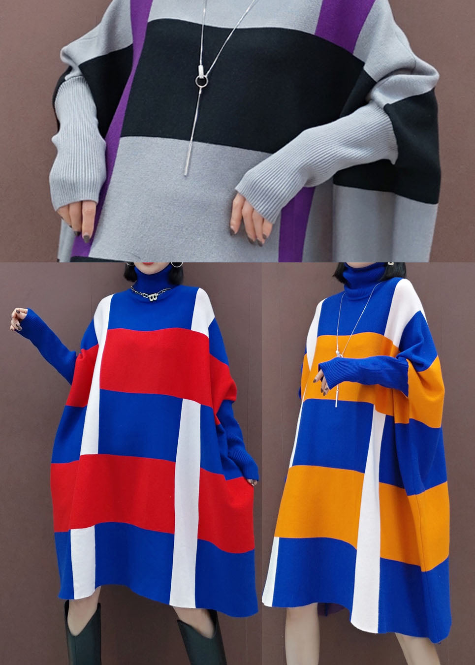 ブルー×オレンジ ニットワンピース ドルマンスリーブ 春