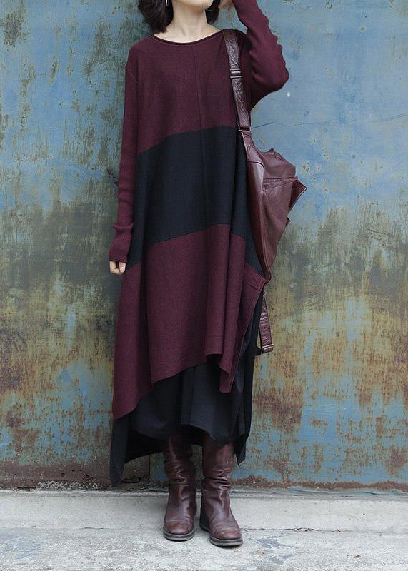 レディース クリスマス サイドオープン（スリット） ニットワンピース 前後差デザイン（ロー・ハイ） レタープリント／クォーツ柄 レッド デイリー セーターワンピース