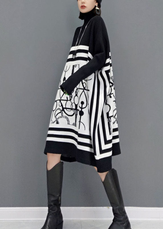 DIY風 ホワイト タートルネック プリント柄 ニットロングワンピース 春