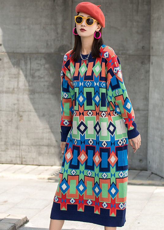 ファッション Oネック チェック柄 秋 ニット 長袖ワンピース