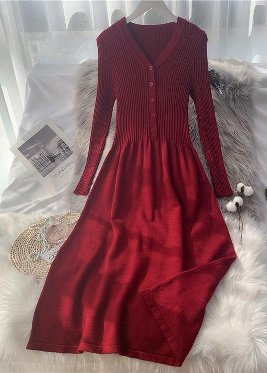 フレンチボタン ニットセーター ロング丈 オーバーニー スリム ニットワンピース