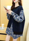 ナチュラル ネイビー チェック パッチワーク 秋 ニット セーター