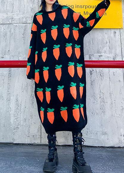 ブラックプリント プルオーバー ニットワンピース リファッション風 Oネック バギーシルエット 編みニットドレス