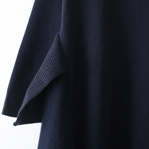 ブティック風 ダークブルー ニットワンピース 大きいサイズ レディース サイドスリット 秋 フェイク2ピース